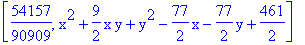 [54157/90909, x^2+9/2*x*y+y^2-77/2*x-77/2*y+461/2]